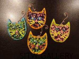 Fused art glass ornaments, heidi riha, HR1-256, crazy cats, colorful cats