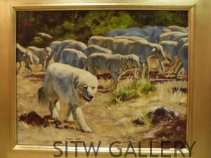 moving day, dog herding sheep, oil, Margo Petterson