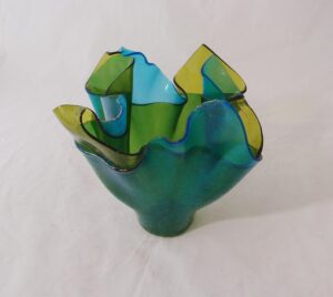Large Aqua and Lime Slump Glass Vase, by Marcia Klump