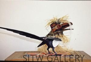 Sold Sun Rise Magpie, hand carved magpie with mask, by david caricato