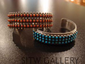Coral and Turquoise Bracelets, sleeping beauty turquoise, sterling silver, Paul Livingston, 235-99 (turquoise, 235-96 (coral)