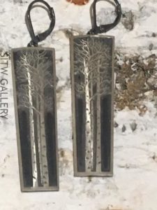 #WV 129E Winter Aspen, lever-backs: Carve & engraved argentium silver, oxidized. 1.98"h x 0.55"w $