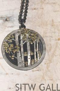 #WV 221P Aspen Pendant: Carved & Engraved argentium silver with CA placer gold fused, oxidized. Oxidized Sterling silver chain with 3.5" extension. 0.9"/25mm diameter $