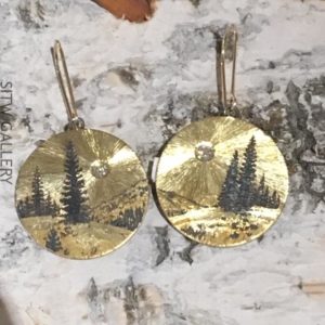 #WV126E Rocky Mountain Memories earrings with 14k gold hooks: carved, engraved & textured 18k gold fused to sterling silver 2.7 mm diamonds 0.87"/22mm dia $