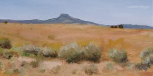 Pedernal ViewThe high desert of norther New Mexico is one of my favorite places. I sat amongst the cholla and chamisa to sketch this view of the Pedernal in Abiquiu, NM. Under painting employed and Color theory Tetradic Rectangle V is used for the palette choices. Oil on Canvas 12 x 24 $2200 